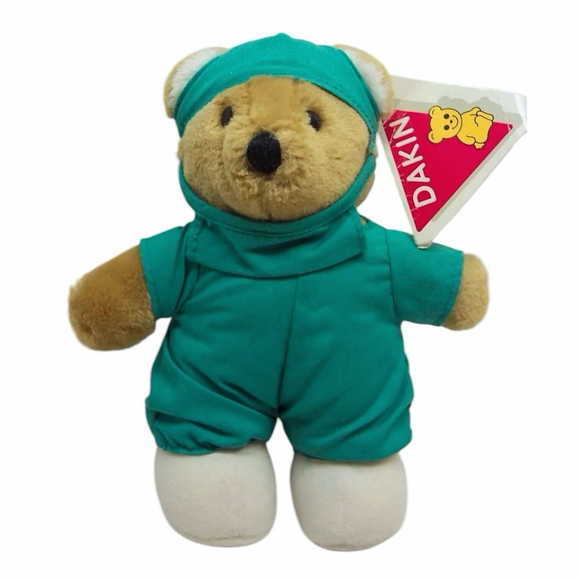 Vintage Dakin Dr Teddy Bear MD Doctor Surgeon Plush 7" Green Scrubs Tags 1985 - Picture 1 of 14